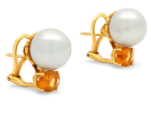 Seaman Schepps Pearl and Citrine Earrings in 18K Gold, featuring white pearls above oval citrines in yellow gold with omega backs, from Beladora