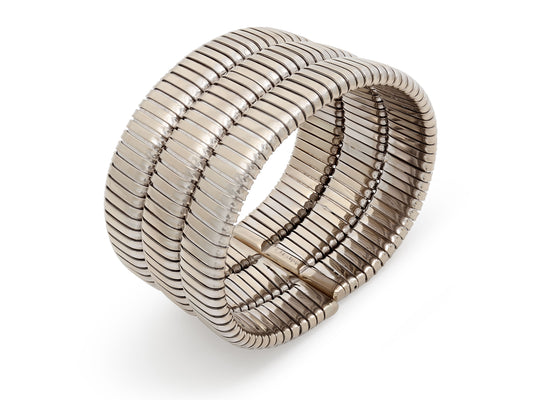 Tallarico by Weingrill Three Row Tubogas Bracelet in 18K White Gold, polished flexible three-coil cuff bracelet from Beladora