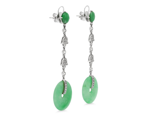 Jade and Diamond Earrings in 18K White Gold by Beladora, featuring dangling green jade discs, diamond floral motifs, and millegrain detailing