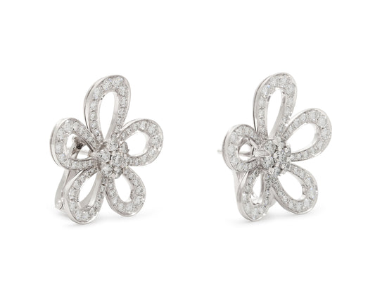 Van Cleef & Arpels 'Flowerlace' Diamond Earrings in 18K White Gold, pair of five petal diamond flower earrings shown on white background, Beladora