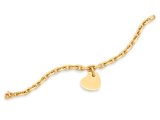 Heart Charm Bracelet in 18K Gold by Beladora, featuring elongated polished yellow gold links and a suspended heart charm