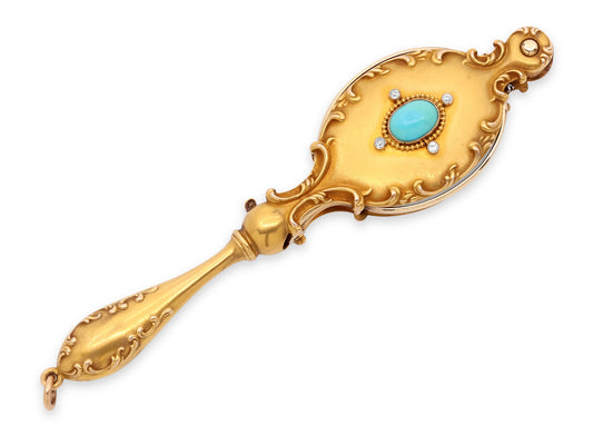 Antique Art Nouveau Diamond and Turquoise Lorgnette in 14K Gold