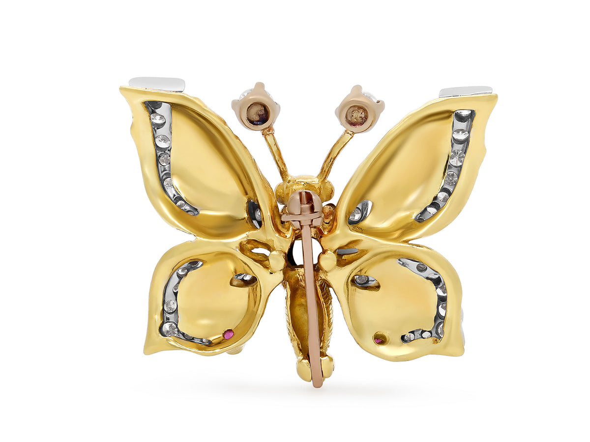 Diamond and Ruby Butterfly Brooch in 18K and 14K Gold