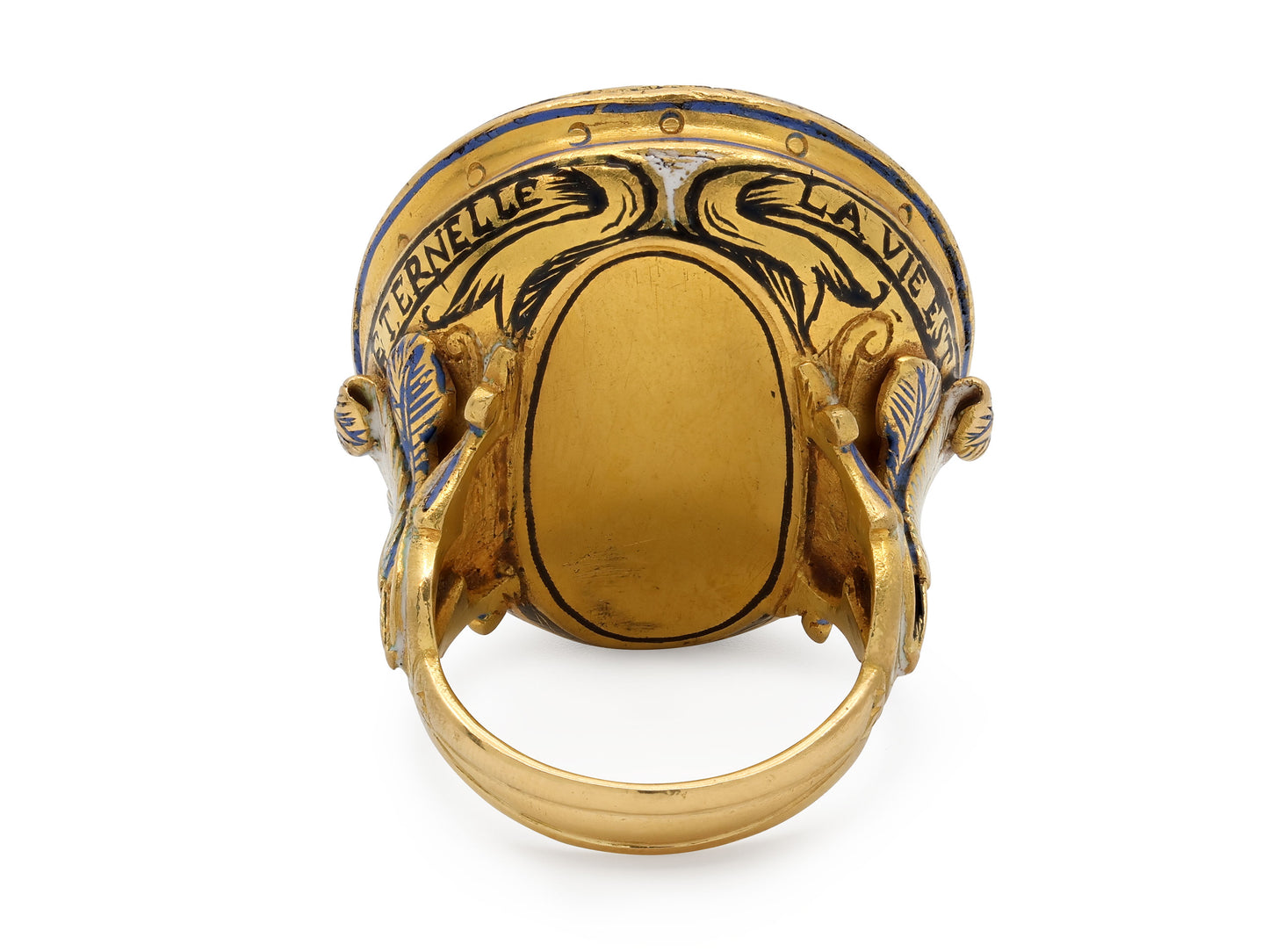 'La vie est courte, la mort éternelle' Reverse Carved Crystal and Enamel Ring, attributed to Codognato, in 18K Gold