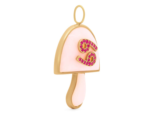 Brent Neale 'Large Magic Mushroom' Opal and Ruby Pendant in 18K Gold, Cancer Zodiac, pink opal mushroom with ruby Cancer symbol, Beladora