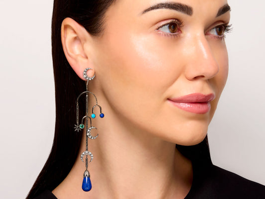 Colette 'Mobile Moon Stud' Diamond, Lapis, Turquoise and Emerald Earring in 18K Blackened Gold