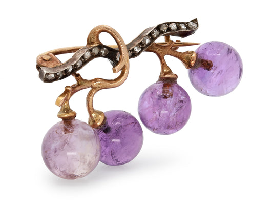 Antique Art Nouveau Diamond and Amethyst Grape Brooch, Attributed to Fonseque et Olive, in Silver and 18K Gold