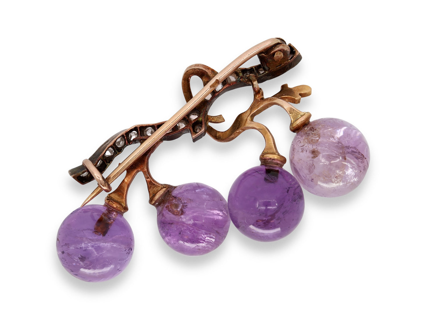 Antique Art Nouveau Diamond and Amethyst Grape Brooch, Attributed to Fonseque et Olive, in Silver and 18K Gold