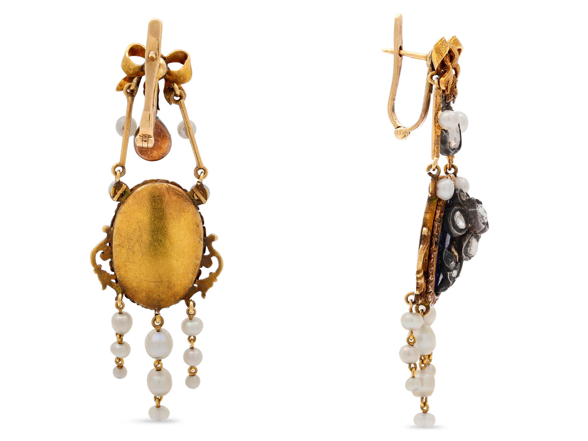 Antique Victorian Diamond, Pearl and Enamel Earrings in 14K Gold and Silver
