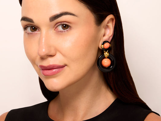 David Webb Coral and Onyx Door Knocker Earrings in 18K Gold
