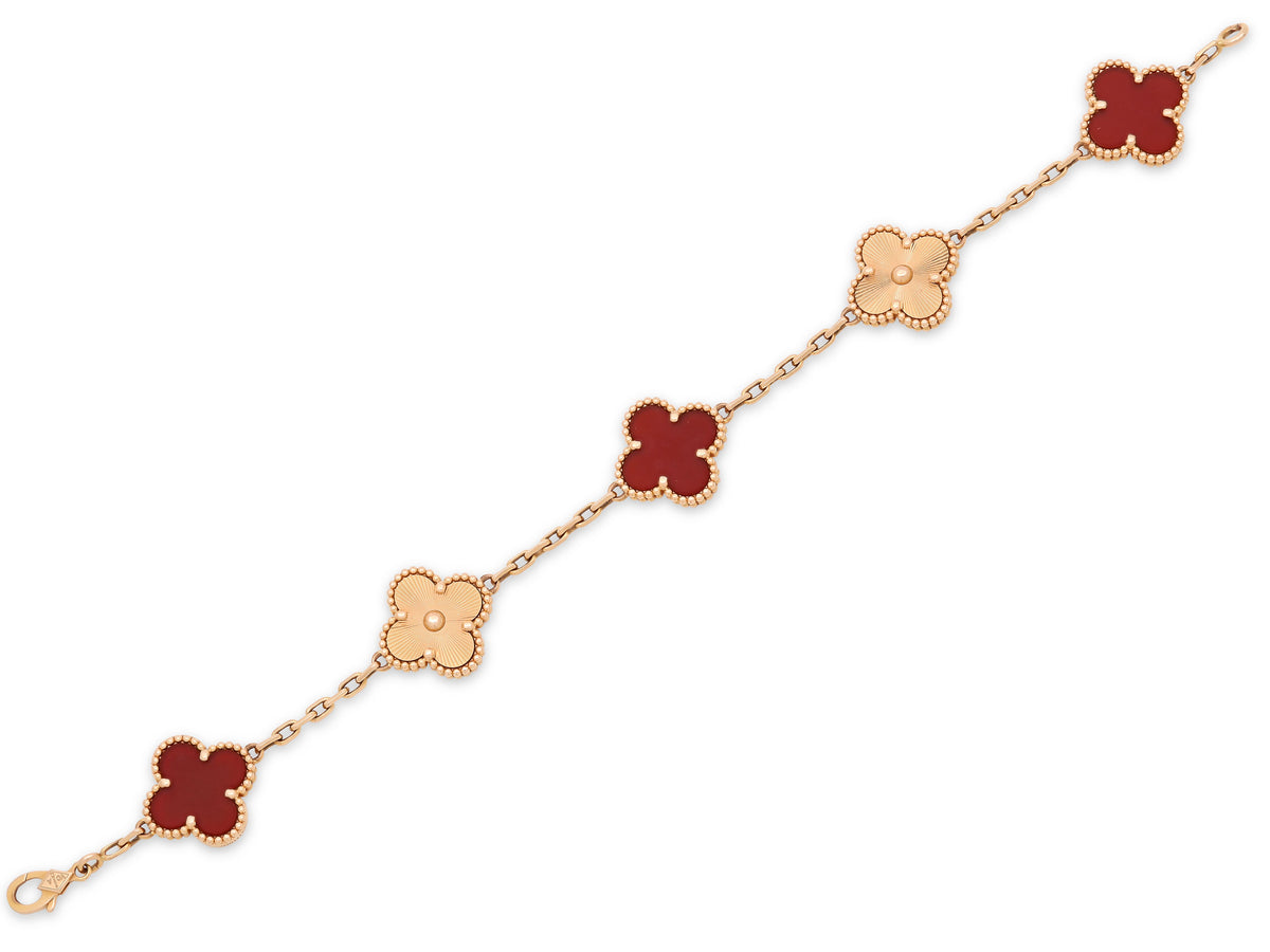Van Cleef & Arpels 'Vintage Alhambra' Carnelian Bracelet, 5 Motifs, in 18K Rose Gold