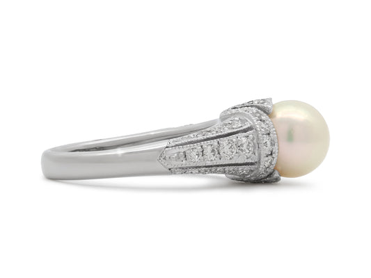 Mikimoto Pearl and Diamond Ring in Platinum