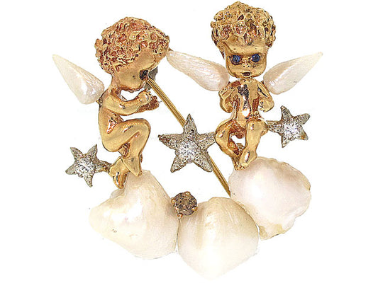 Ruser Angels On Clouds with Diamond Stars Brooch in 14K