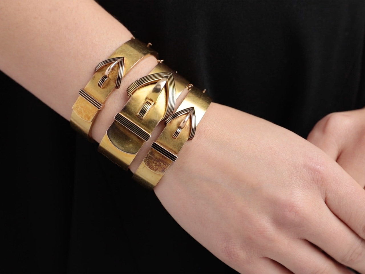 Set of Three Antique Black Enameled Bangle Bracelets in 14K Gold