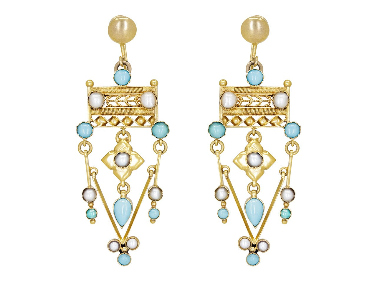 Antique Victorian Turquoise and Split Pearl Earrings in Low Karat Gold