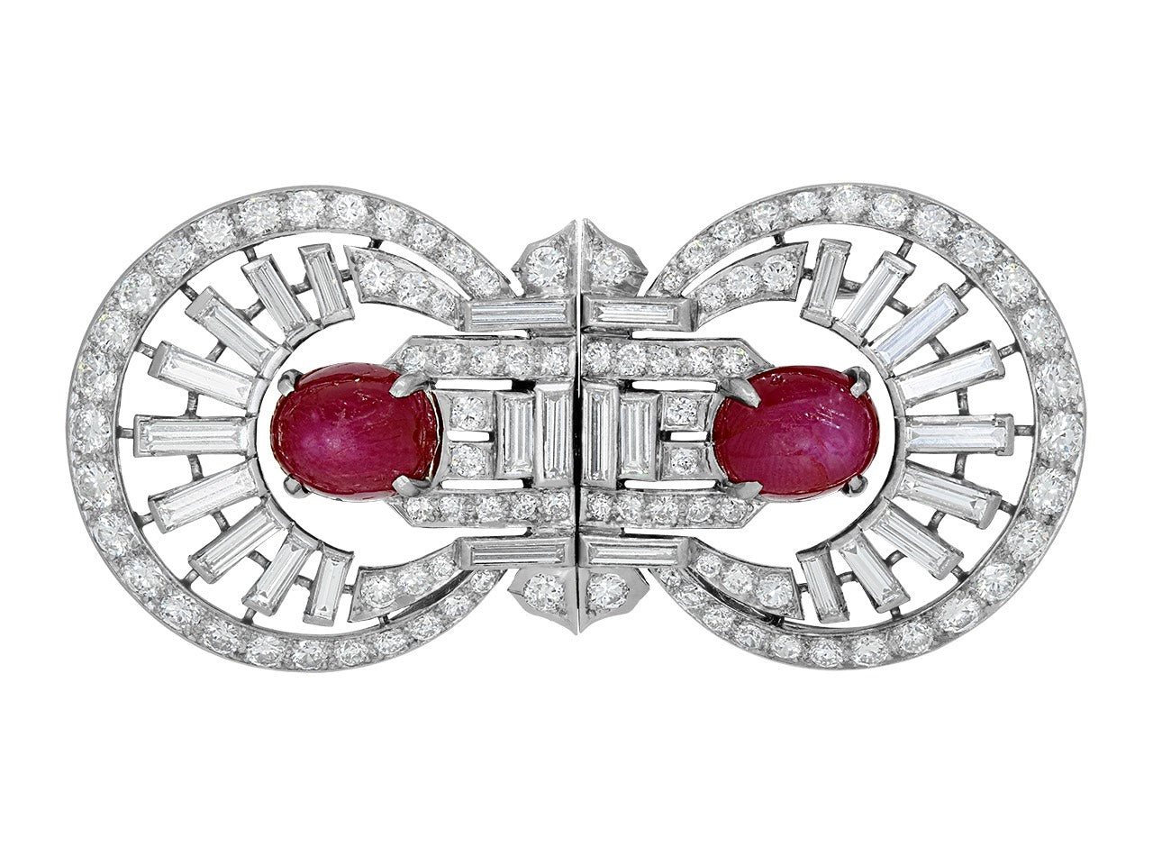 Art Deco Star Ruby and Diamond Double Clip Brooch in Platinum