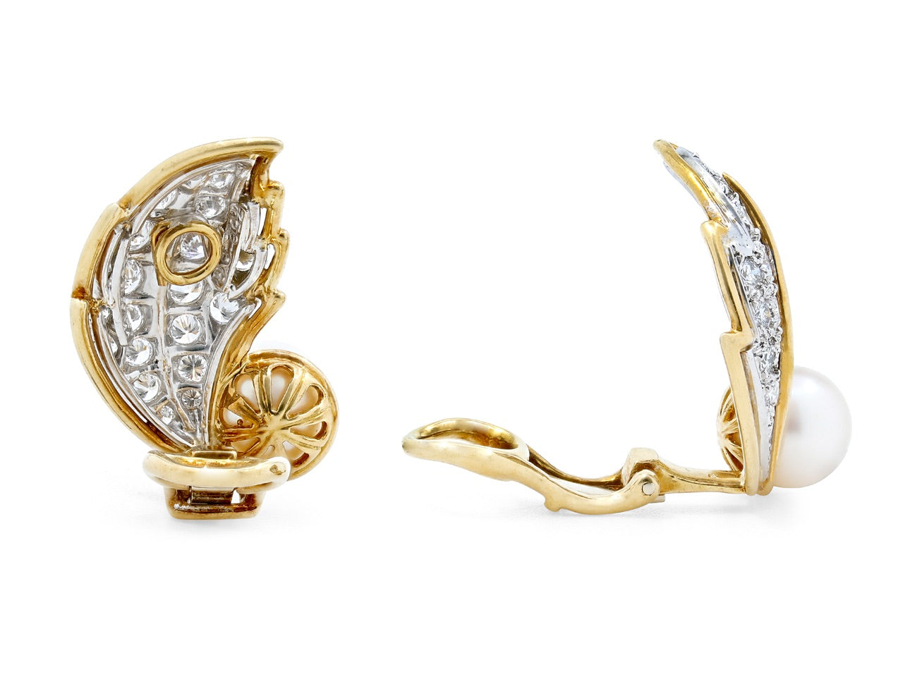 Hammerman Brothers Diamond and Pearl Leaf Earrings in 18K Gold