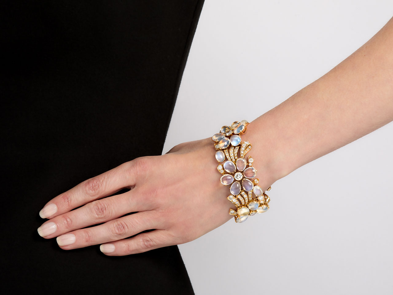 Mid-Century Moonstone and Diamond Bracelet in 18K Gold