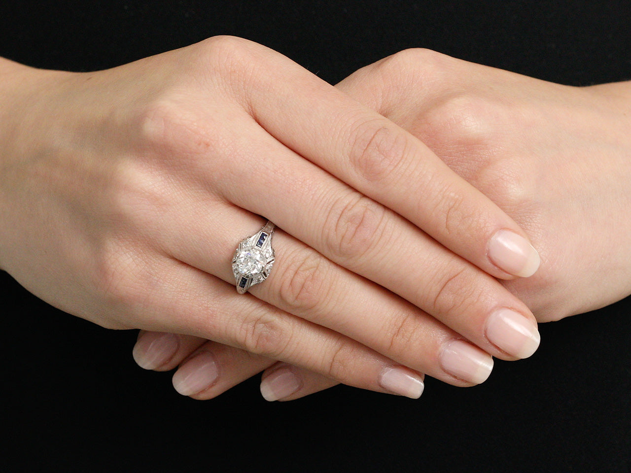 Art Deco Transitional Cut Diamond, 1.08 carat, and Sapphire Ring in Platinum