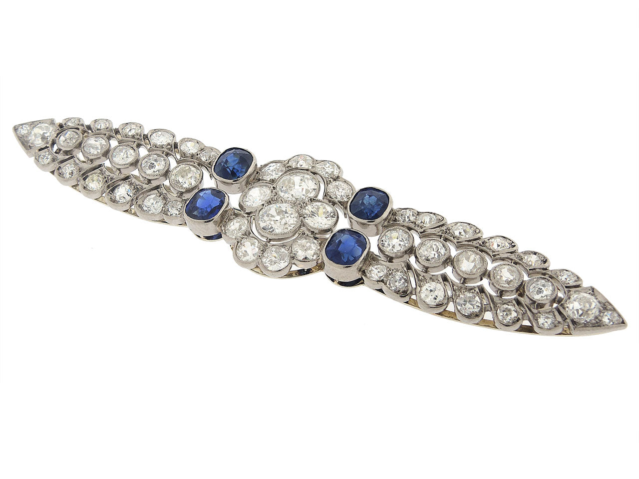 Antique Edwardian Diamond and Sapphire Wing Brooch with French Hallmarks in Platinum and 18K
