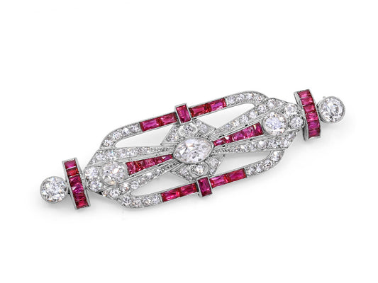 Art Deco Ruby and Diamond Brooch in Platinum