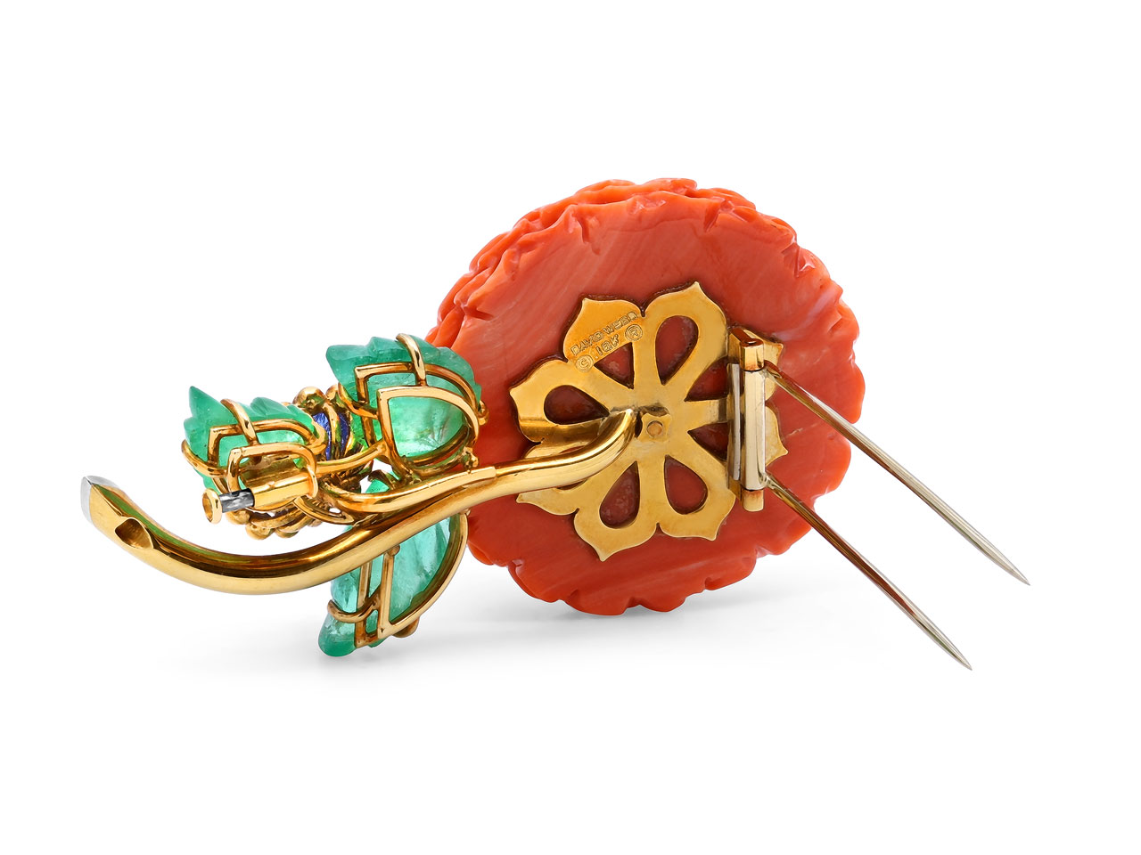David Webb Carved Coral, Emerald, Sapphire and Diamond Flower Brooch in 18K Gold