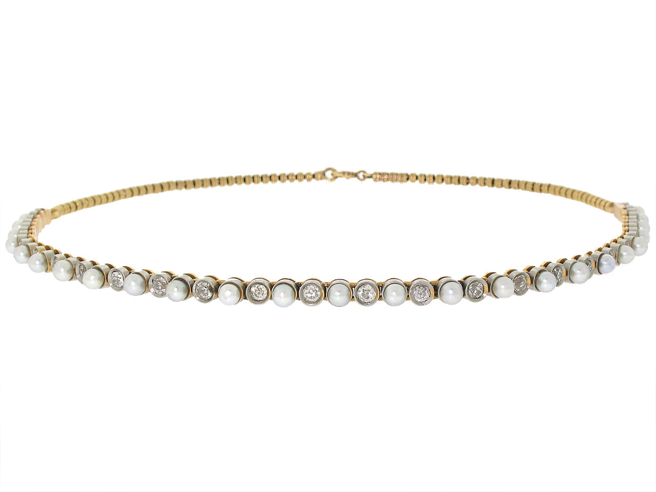 Antique Edwardian Natural Pearl and Diamond Necklace in 14K