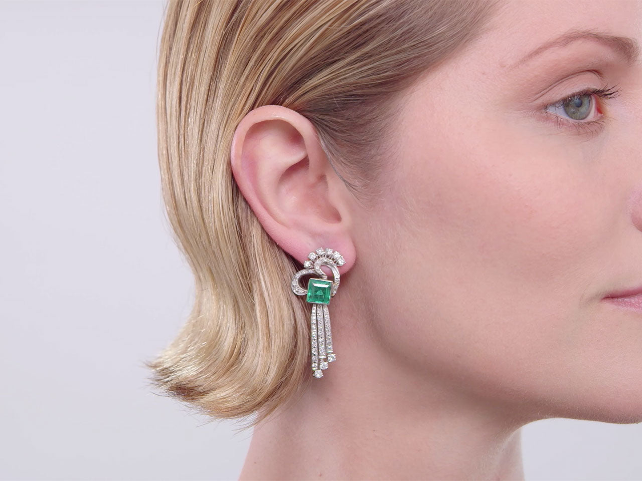 Mid-Century Emerald and Diamond Earrings in 18K White Gold