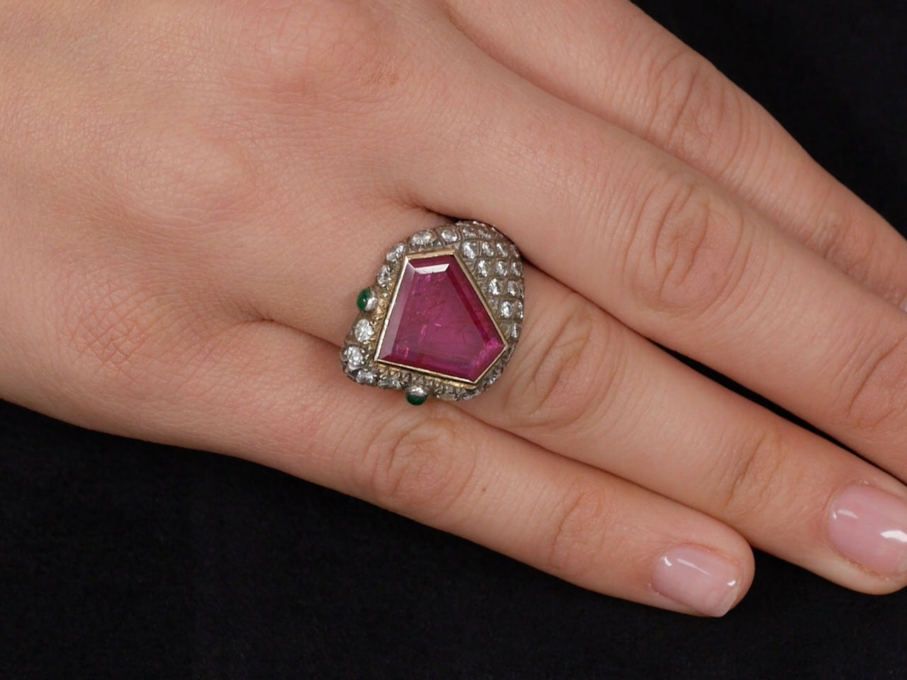 Rubellite, Diamond and Emerald Snake Ring in Silver over Gold