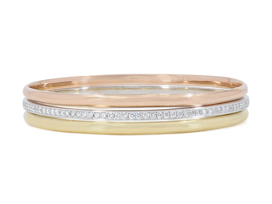 Trio of Bangle Bracelets in 18K Yellow, White and Rose Gold