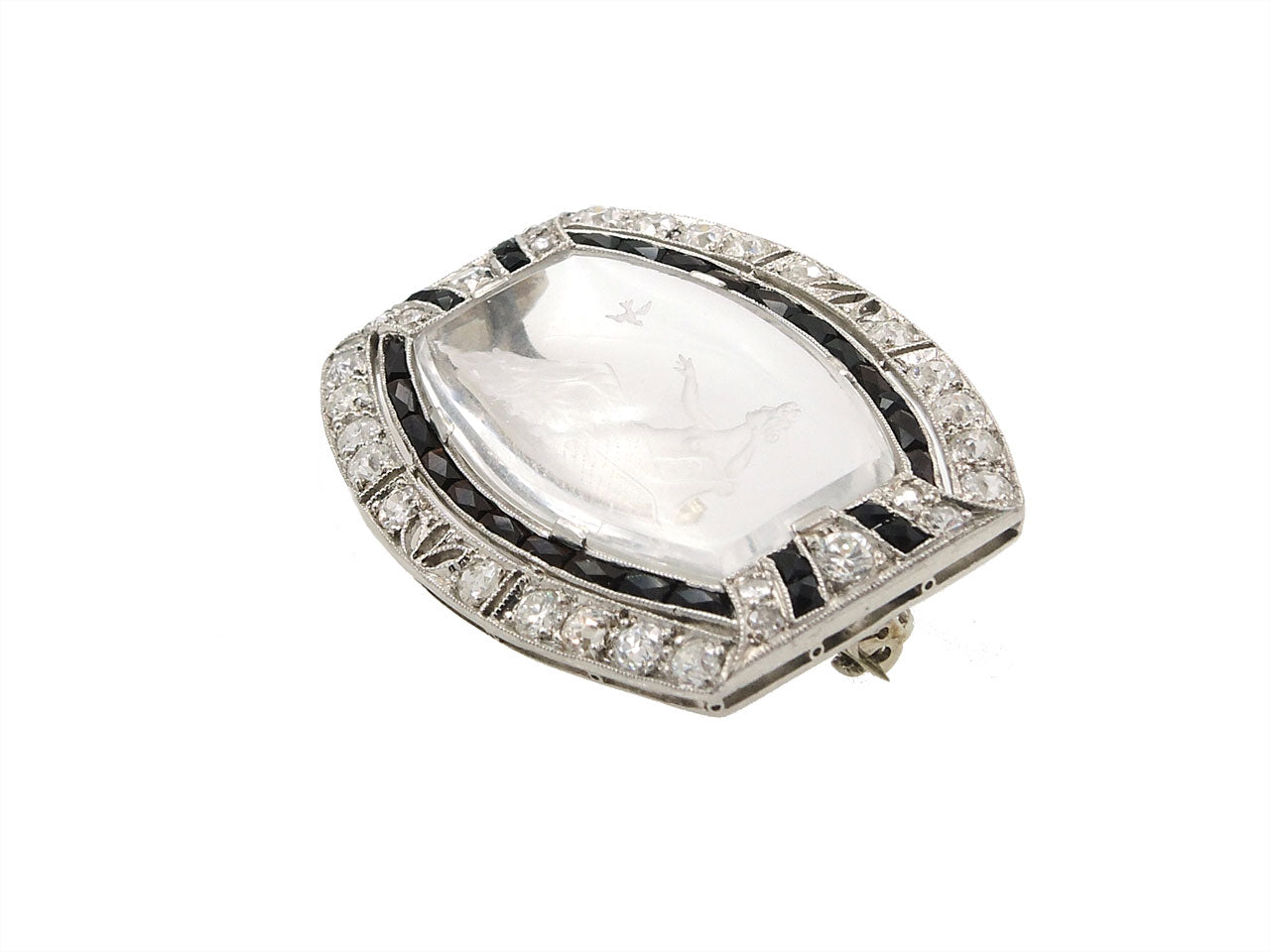 Art Deco Crystal, Diamond and Onyx Brooch in Platinum