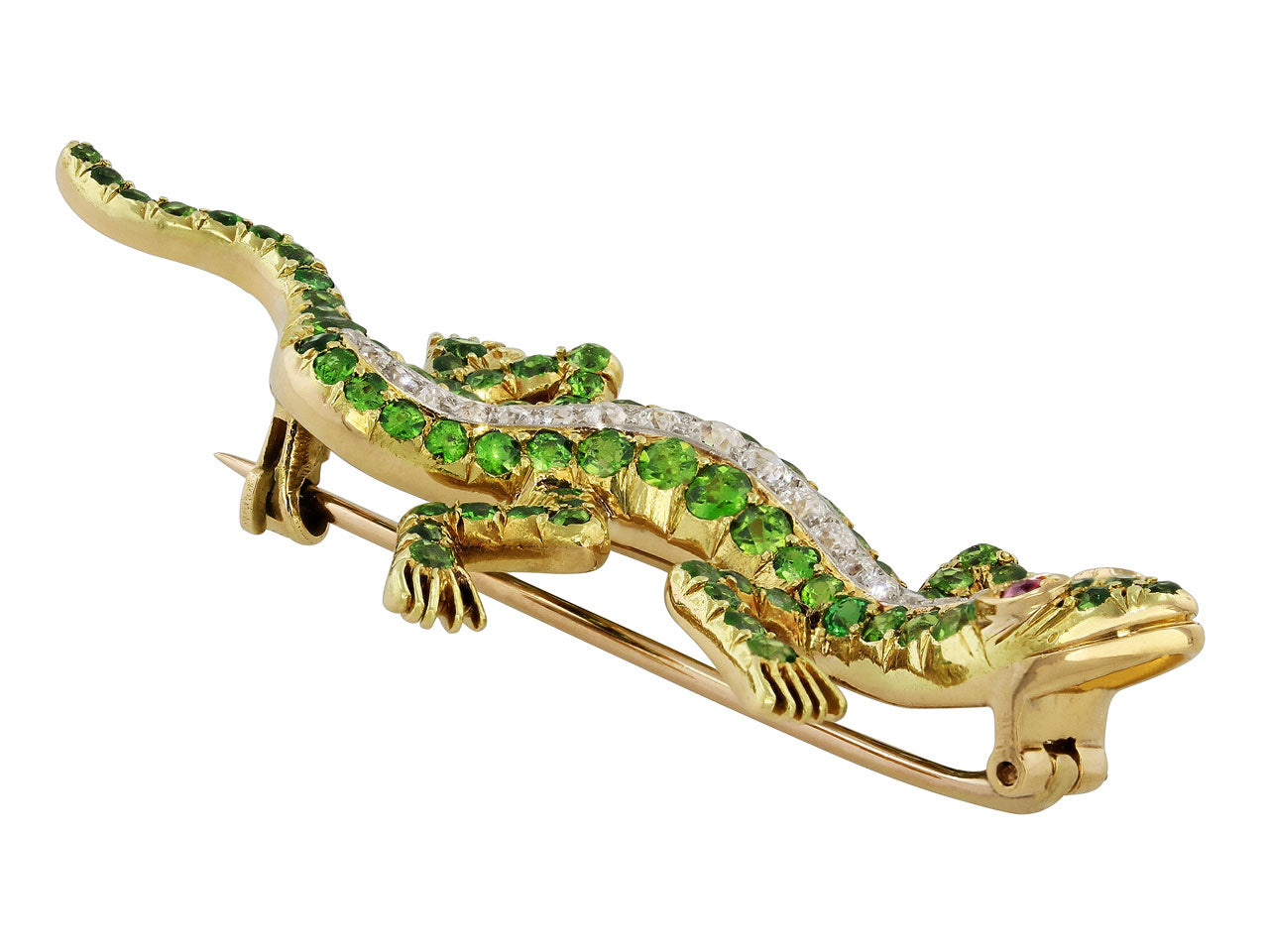 Antique Victorian Demantoid Garnet and Diamond Salamander Brooch in 14K Gold