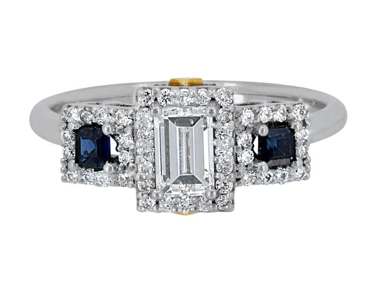 Step-cut Diamond and Sapphire Ring in 18K, designed by Rhonda Faber Green