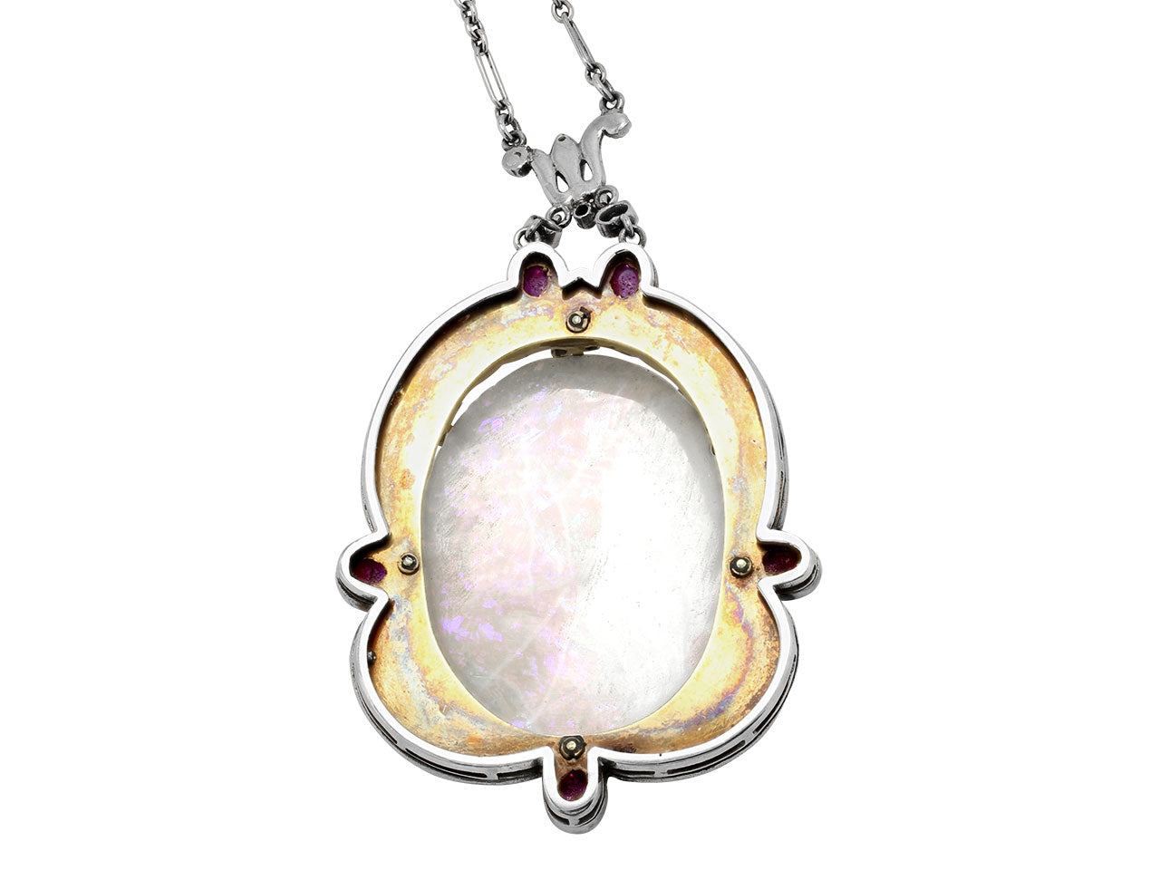 Antique Carved Opal and Enamel Cameo Necklace in Platinum and 18K Gold