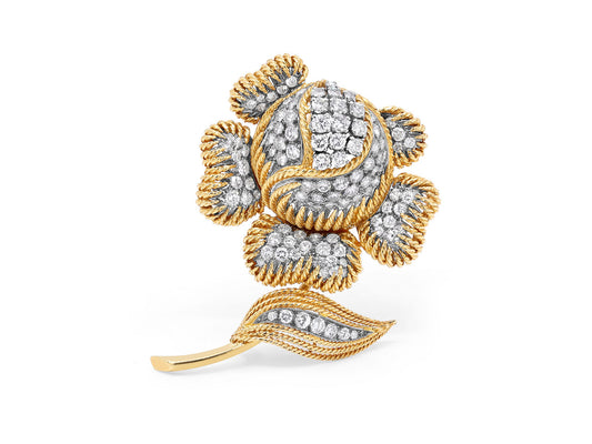 Sterlé Mid-Century Diamond Flower Brooch in 18K Gold