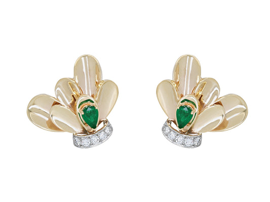 Limoges Emerald and Diamond Earclips in 14K Gold