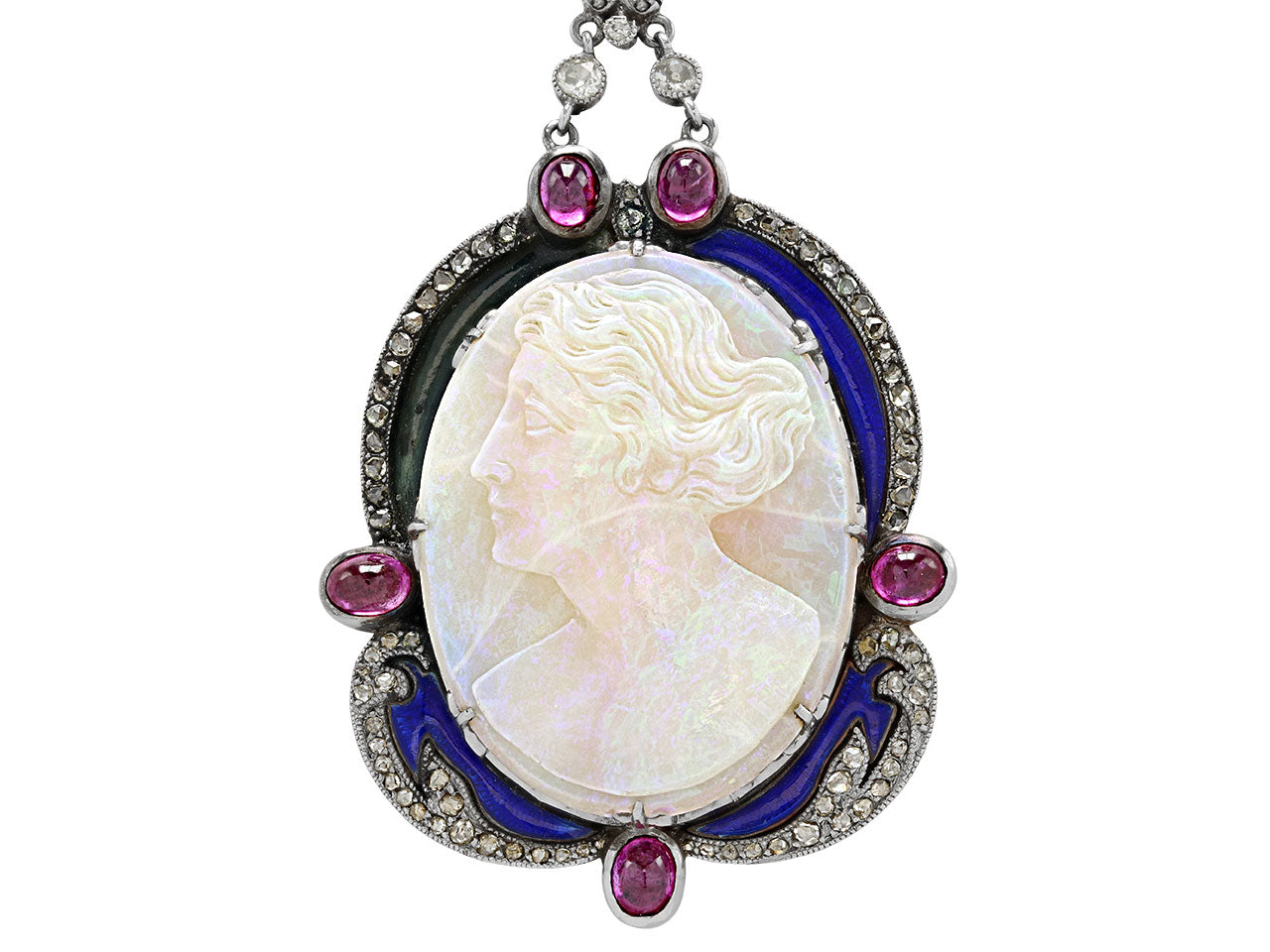 Antique Carved Opal and Enamel Cameo Necklace in Platinum and 18K Gold