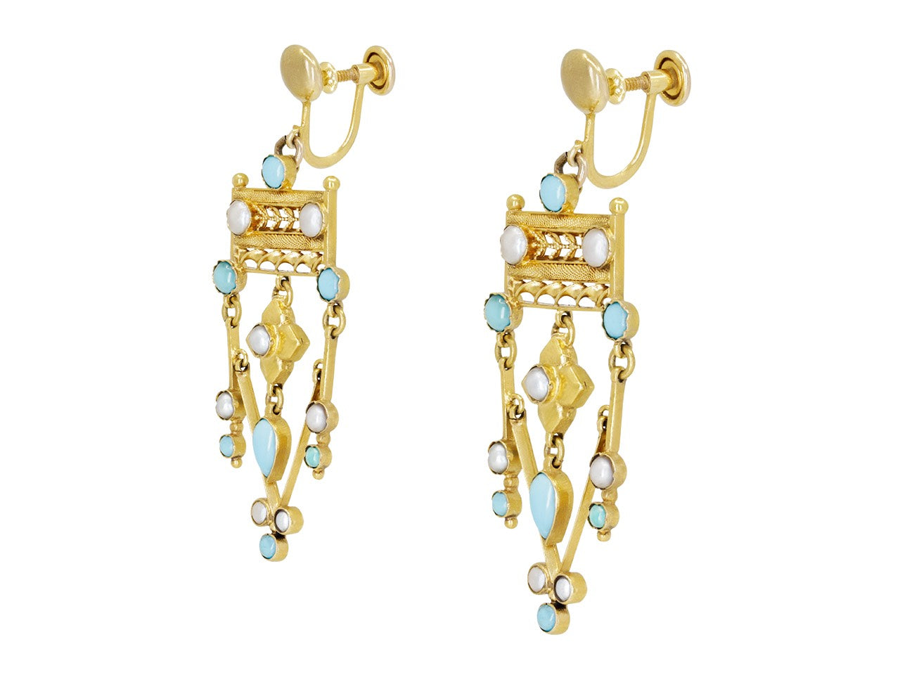 Antique Victorian Turquoise and Split Pearl Earrings in Low Karat Gold