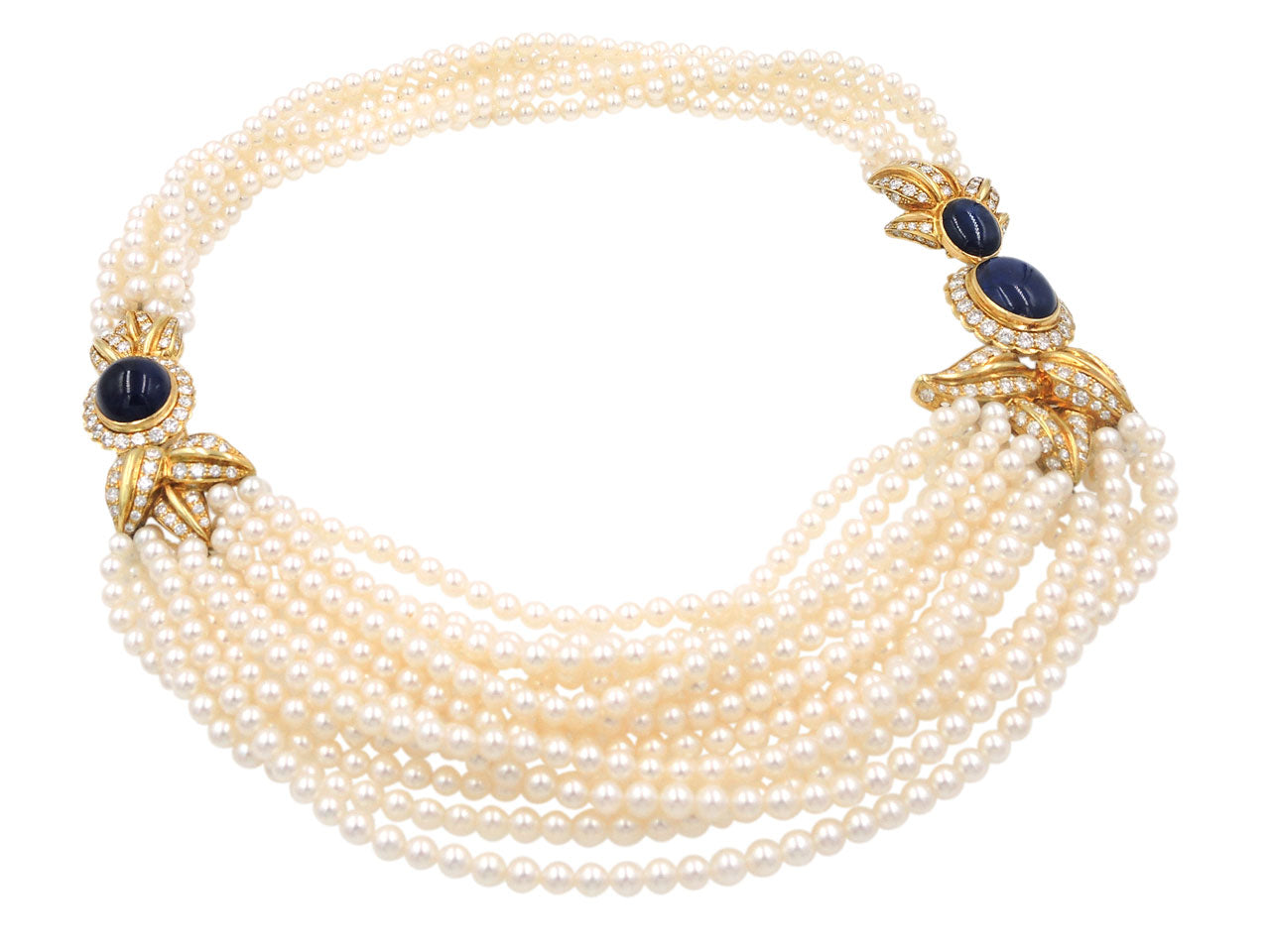 Eric Bertrand Sapphire, Diamond and Pearl Necklace and Earrings in 18K