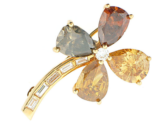 Fancy Yellow and Cognac Diamond Four Leaf Clover Brooch in 18K