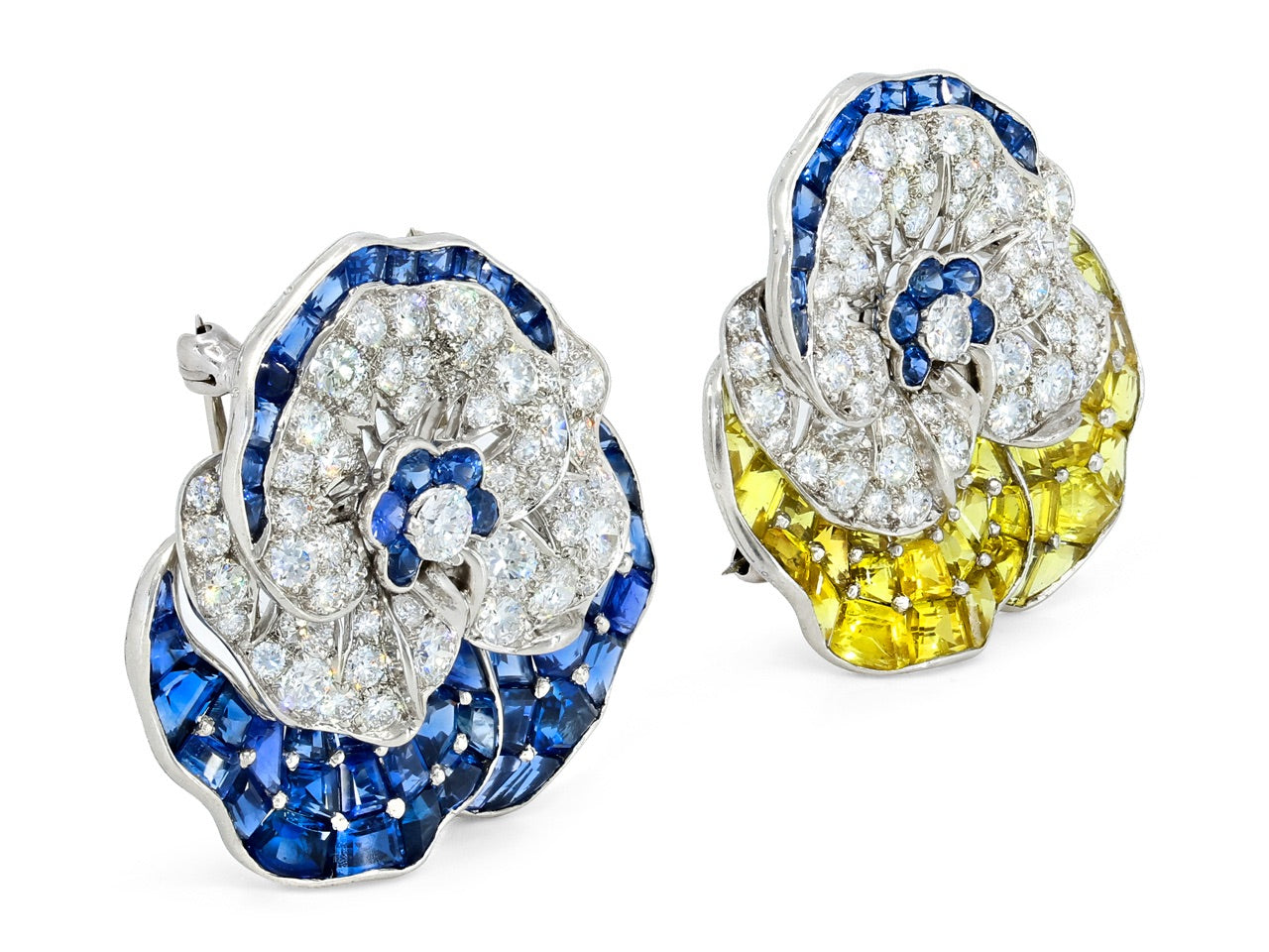 Pair of Oscar Heyman Sapphire and Diamond Pansy Brooches in Platinum