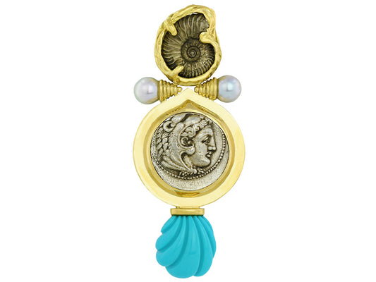 Elizabeth Gage Ancient Coin, Pearl and Turquoise Brooch in 18K