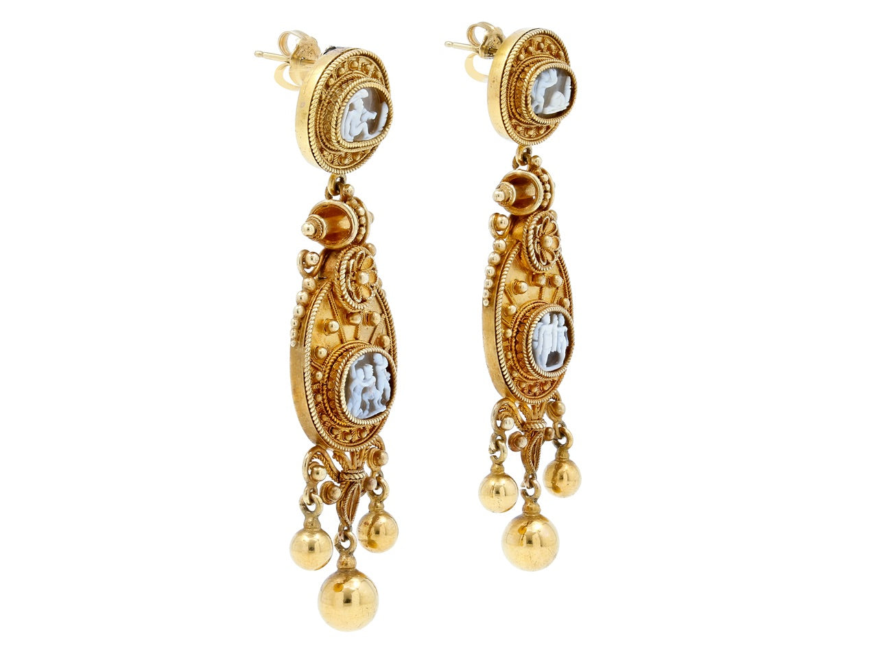 Antique Victorian Etruscan Revival Cameo Earrings in 18K Gold