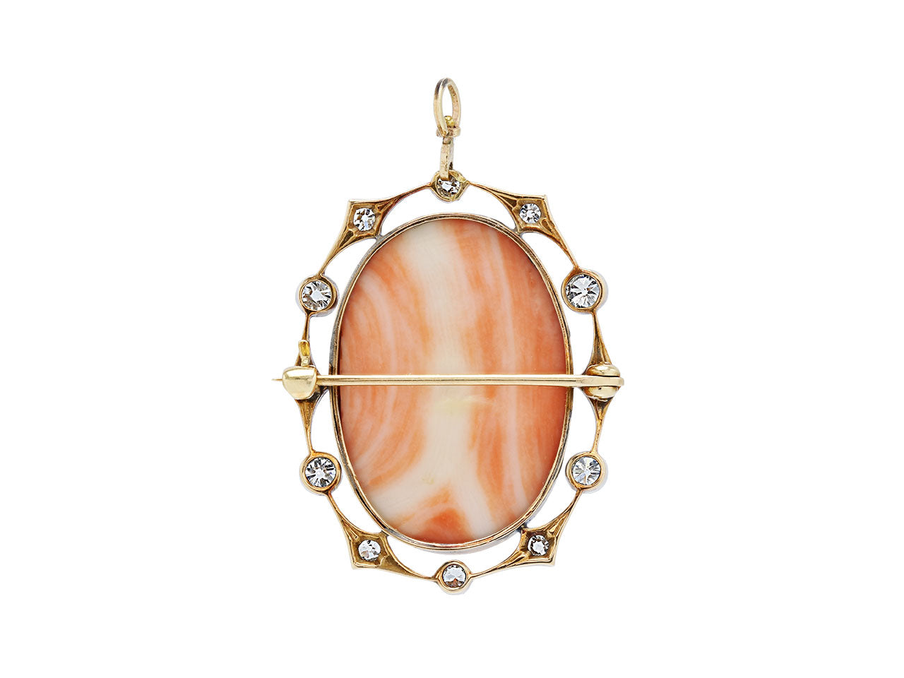Antique Edwardian Diamond and Carved Coral Cameo Pendant/Brooch in Platinum over 14K Gold