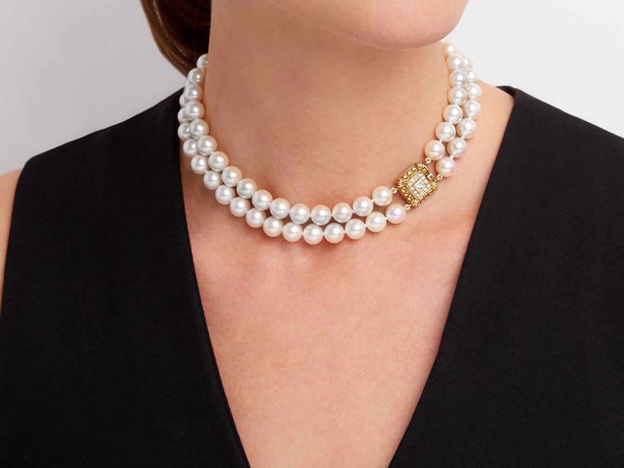 Double Strand Pearl Necklace with Diamond Clasp in 18K Gold