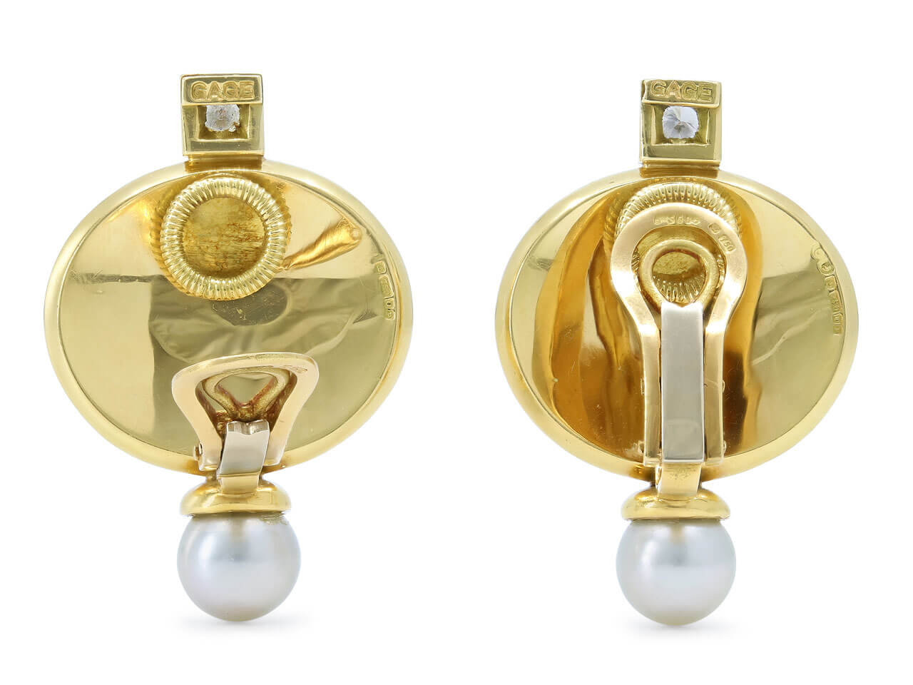 Elizabeth Gage Enamel, Diamond and Pearl Earrings in 18K Gold