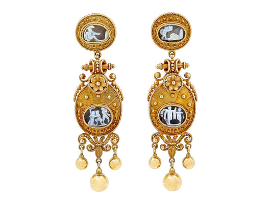 Antique Victorian Etruscan Revival Cameo Earrings in 18K Gold