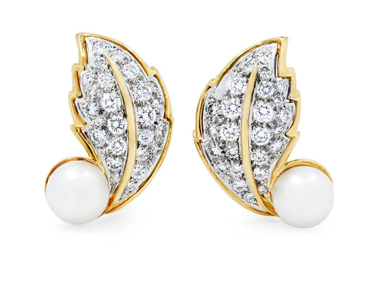 Hammerman Brothers Diamond and Pearl Leaf Earrings in 18K Gold