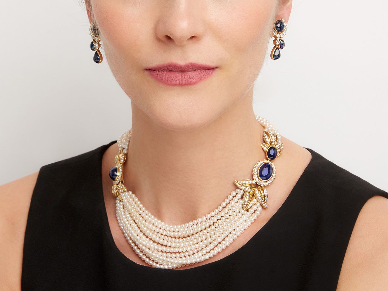 Eric Bertrand Sapphire, Diamond and Pearl Necklace and Earrings in 18K