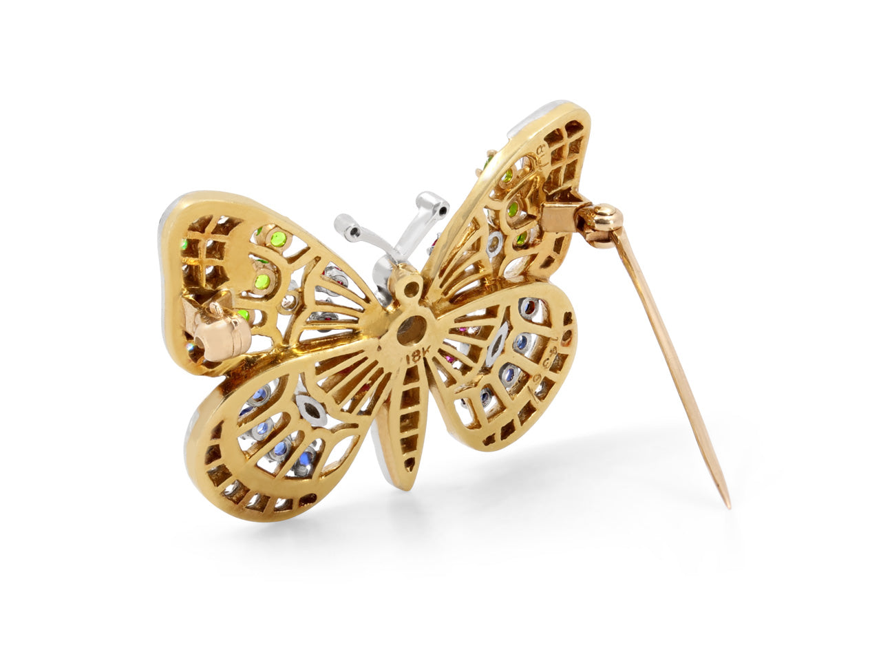Mid-Century Diamond and Gemstone Butterfly Brooch in 18K and Platinum